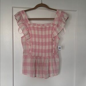 Old Navy Pink and White Gingham Smocked Peplum Top